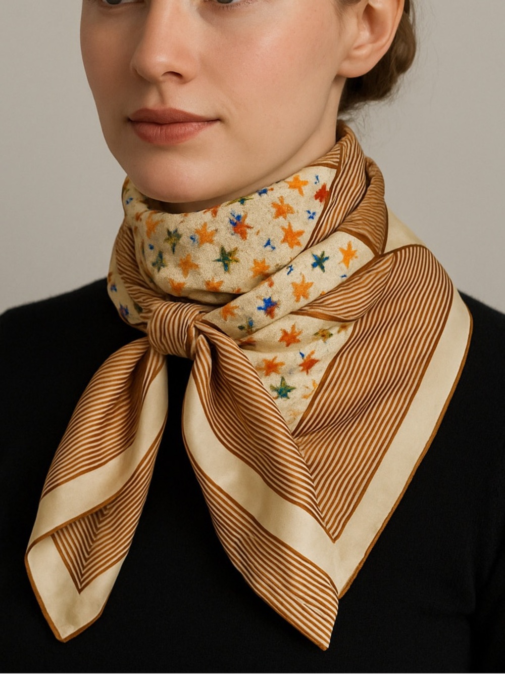 Vintage ECHO scarf satin hand rolled hand stitched taupe cream with mini florals